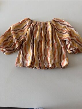 THML Wavy Stripe Peasant Blouse - Cream, Yellow, Rust